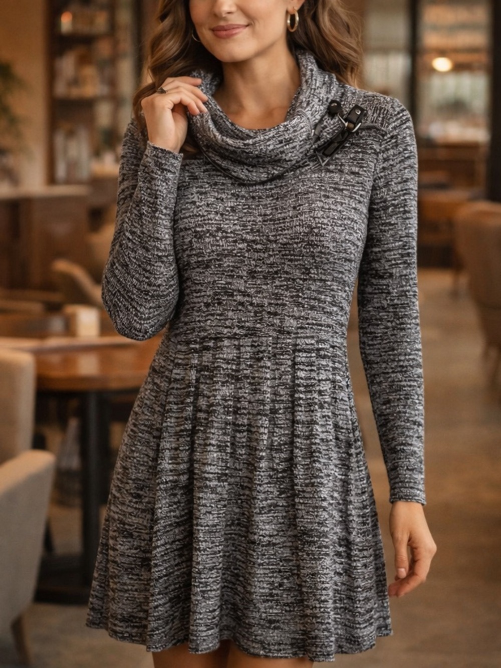 Dana Buchman Sweater Dress Buckle Cowl Neck Gray Size S